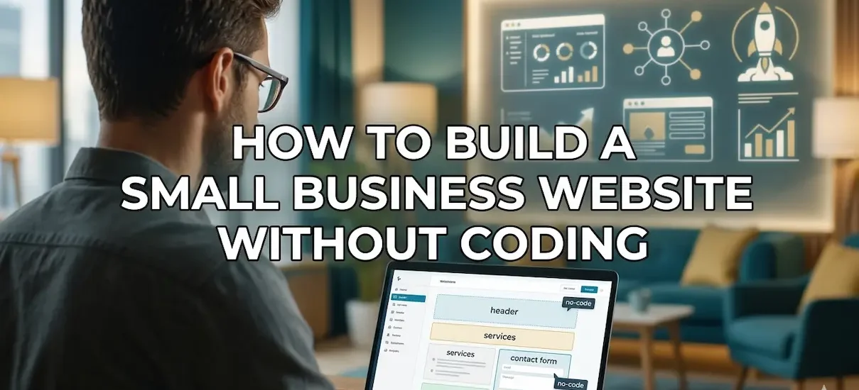 Small business website without coding shown on laptop with no-code website builder and growth icons today