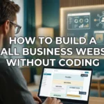 Small business website without coding shown on laptop with no-code website builder and growth icons today