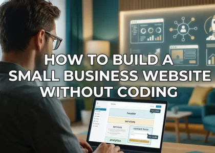 Small business website without coding shown on laptop with no-code website builder and growth icons today