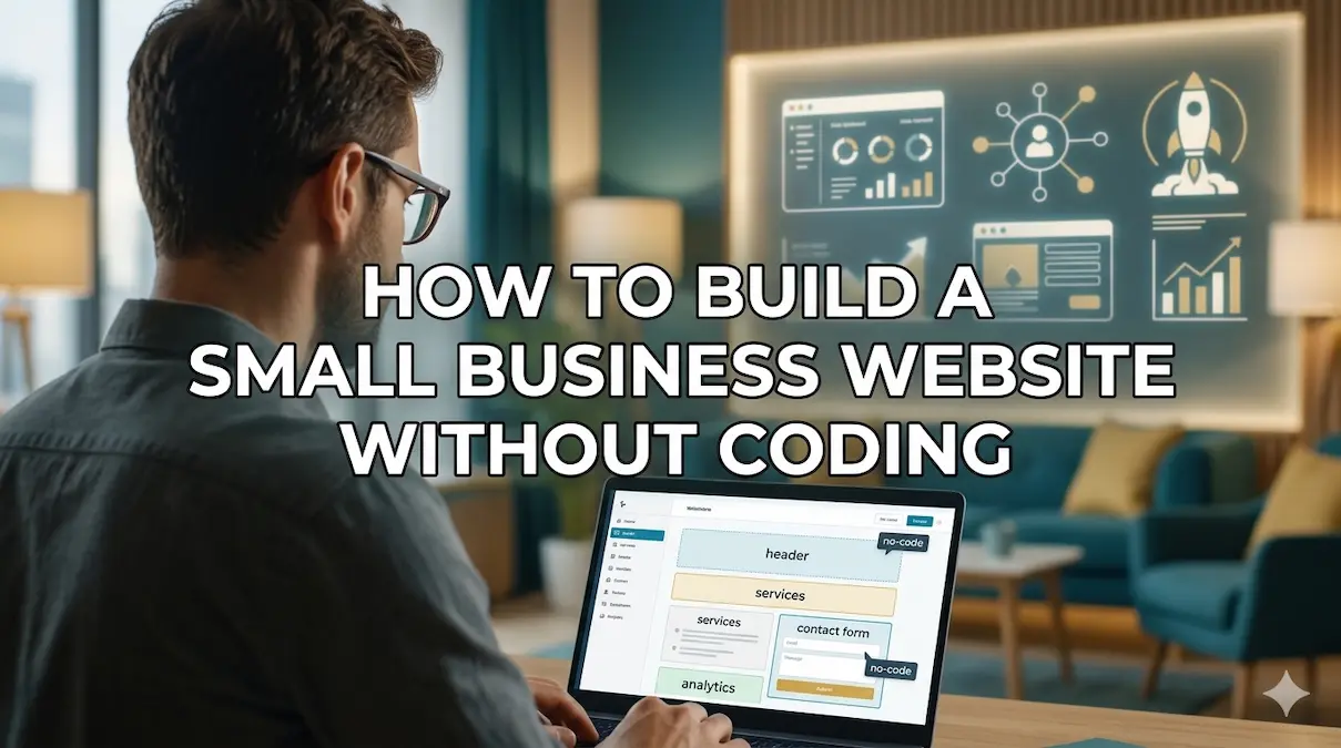 Small business website without coding shown on laptop with no-code website builder and growth icons today