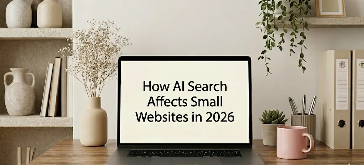 Calm workspace with laptop showing how AI search affects small websites in 2026 for small site owners now