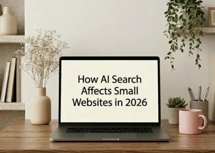 Calm workspace with laptop showing how AI search affects small websites in 2026 for small site owners now