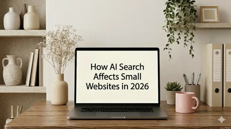 Calm workspace with laptop showing how AI search affects small websites in 2026 for small site owners now