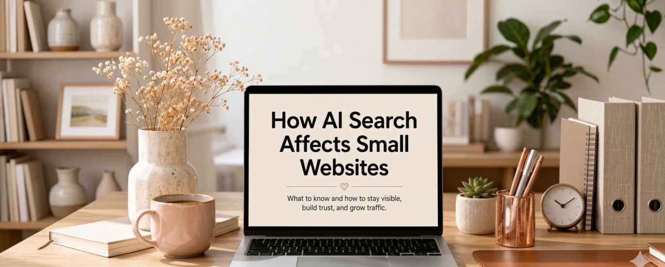 Feature image showing how AI search affects small websites with a laptop in a calm workspace