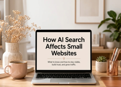 Feature image showing how AI search affects small websites with a laptop in a calm workspace