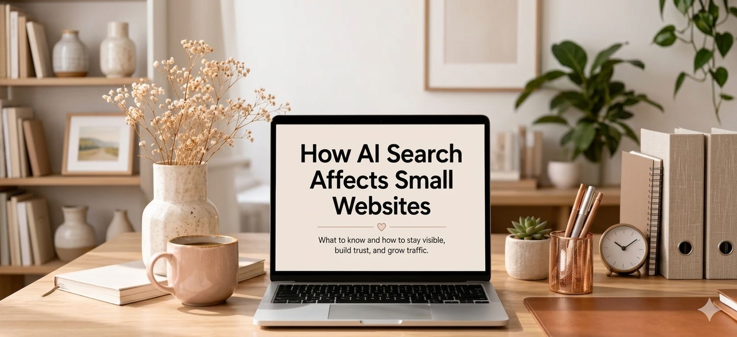 Feature image showing how AI search affects small websites with a laptop in a calm workspace