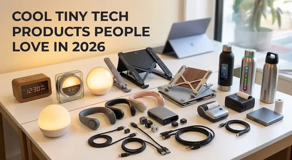 Tiny tech products arranged on a desk, including mini gadgets, lamps, chargers, and smart accessories