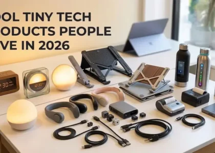 Tiny tech products arranged on a desk, including mini gadgets, lamps, chargers, and smart accessories