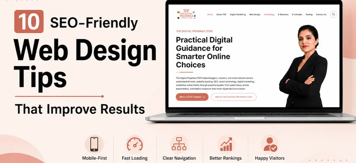 SEO-friendly web design tips for mobile-first design, fast loading, clear navigation, and better rankings