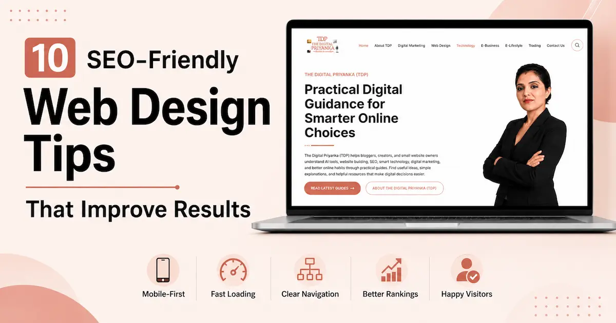 SEO-friendly web design tips for mobile-first design, fast loading, clear navigation, and better rankings