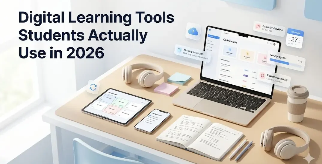 Digital learning tools on a student desk with laptop, notebook, tablet, and study apps