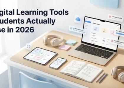 Digital learning tools on a student desk with laptop, notebook, tablet, and study apps