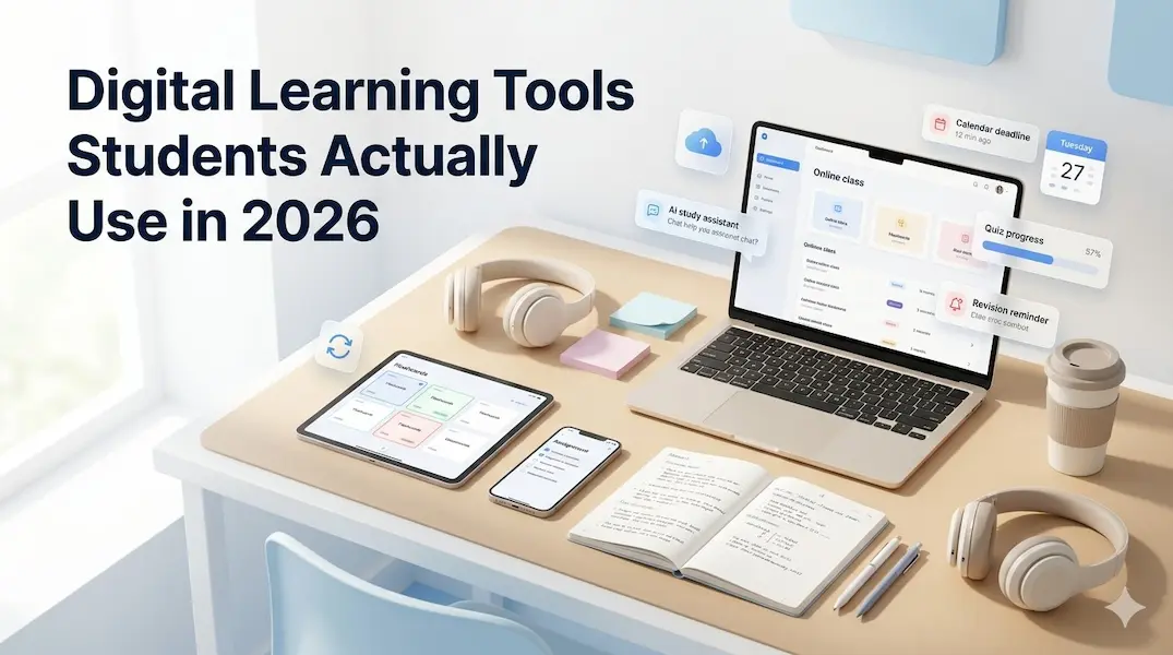 Digital learning tools on a student desk with laptop, notebook, tablet, and study apps
